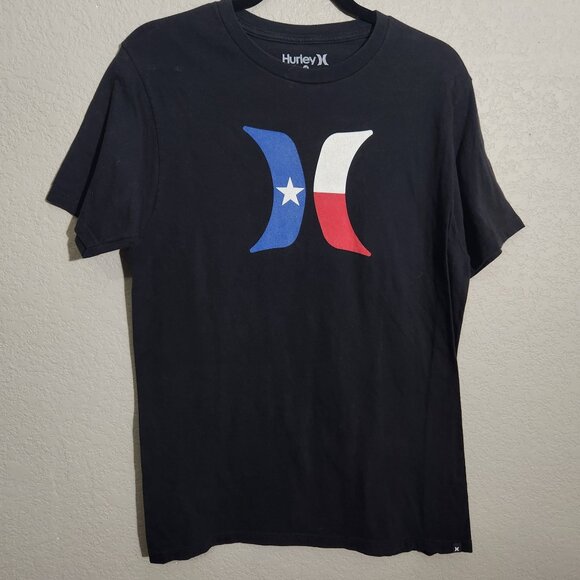 Hurley Mens Texas Flag Logo Black T-Shirt M 100% Cotton Short Sleeve - Picture 1 of 13